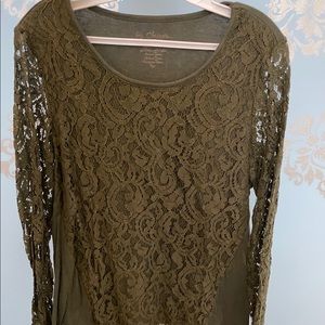 ✨CHICO’s olive lace longsleeve top: Large